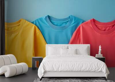 Three colorful t-shirts lying on blue background, simple casual clothing banner Wall mural