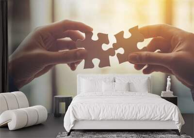 Two business people are connecting puzzle pieces, symbolizing problem solving, teamwork, and partnership Wall mural