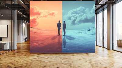 Two businessmen standing on opposite sides of a divided landscape symbolizing different opinions Wall mural