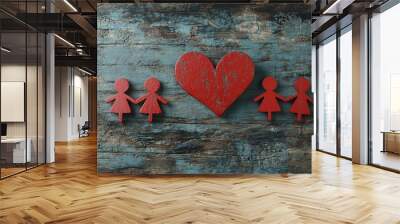 Two couples of paper dolls holding hands with red heart on rustic wooden background Wall mural