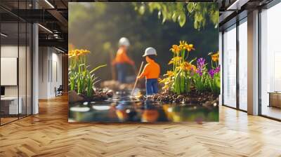 Two engineers working on restoring nature and planting flowers by a stream Wall mural