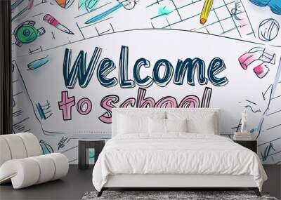 Welcome to school banner surrounded by colorful school supplies Wall mural