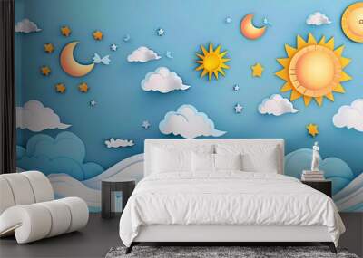 Whimsical paper art landscape illustrating the passage of time from day to night with sun, moon and clock Wall mural