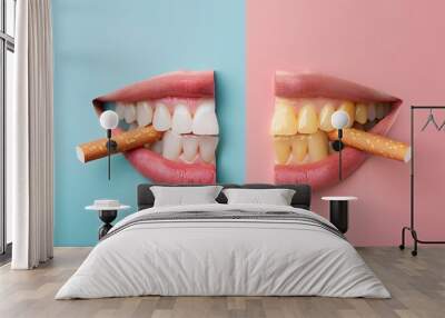 Woman mouth with white teeth and yellow teeth biting cigarette on pink and blue background Wall mural