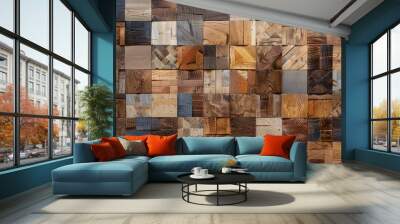 Wooden mosaic wall in grid pattern Wall mural