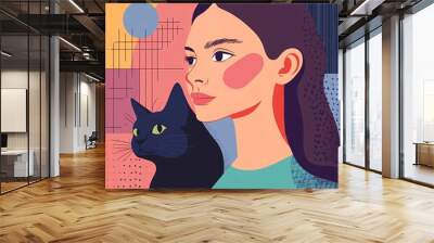 Young woman posing with black cat minimalist colorful portrait Wall mural