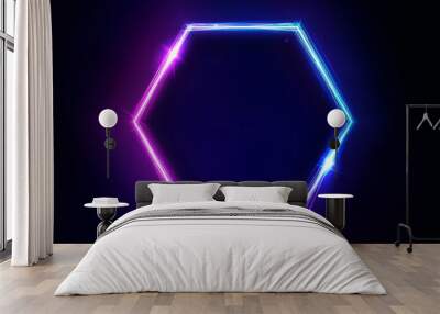 Neon hexagon frame or neon lights sign. Vector abstract background, tunnel, portal. Geometric glow outline hexagon shape or laser glowing lines. Abstract background with space for your text Wall mural