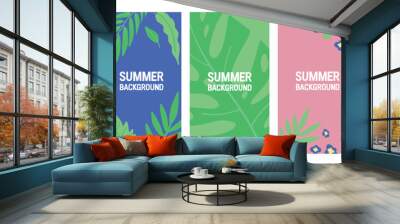 Colorful 9x16 summer backgrounds with tropical leaves and flowers in green, blue, pink, and yellow. Wall mural