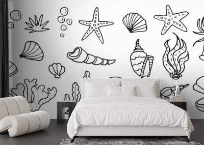 Ocean underwater shell doodle set, tropical  outline sea cartoon icons for vacation textile, isolated on white kit Wall mural