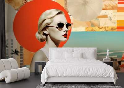 Vibrant summer vacation collage with beach elements and blonde women model in sunglasses with red lipstick  in trendy paper art style Wall mural