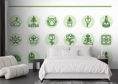 Set Of Environmental And Park Elements  Icons. Icon Pack For A Plant Park Or Botanical Garden. Linear Green Icons Wall mural