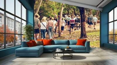 group of old and healthy people walking in the nature, vintage Wall mural