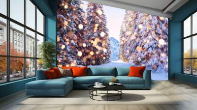 Christmas forest in mountains Wall mural