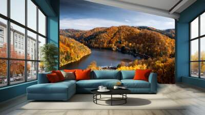 Panoramic View of Autumn Hills and Lake Wall mural