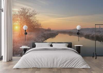 Panoramic view on winter sunrise Wall mural