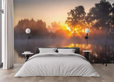 Sunrise on a foggy lake Wall mural