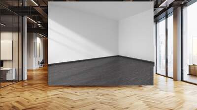 Corner of empty room with black parquet floor and white walls Wall mural