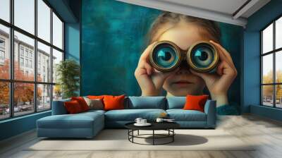 Little Explorer: A young girl with curious eyes gazes through vintage binoculars, her expression a mix of wonder and determination. The teal background evokes a sense of mystery and the unknown. Wall mural