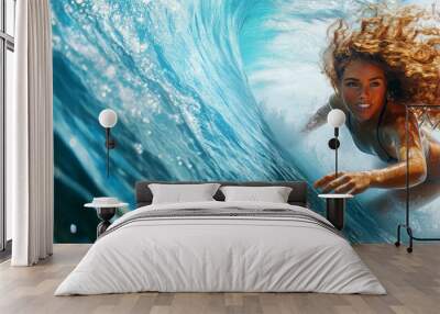 Ocean's Embrace: Underwater Surfer Girl with Curly Hair  Wall mural