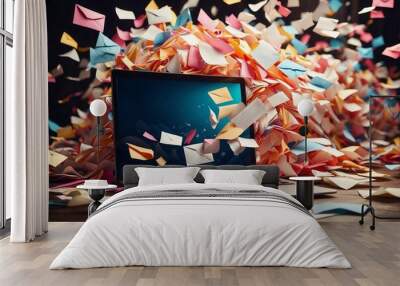 A huge number of paper multi-colored envelopes fly into the laptop monitor Wall mural