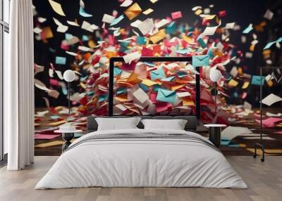 A huge number of paper multi-colored envelopes fly into the laptop monitor Wall mural