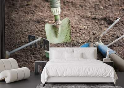 Garden tools in the garden. Background of dirty garden supplies. Wall mural