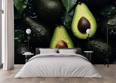 Avocado with leaf on dark Wall mural