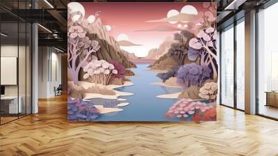 beautiful landscape paper cut wavy background. Wall mural