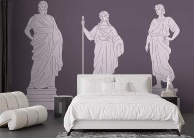 Ancient historic monuments classical greece culture, greek statue roman set. Cartoon antique statues. Vector illustration of antique greece historical monument Wall mural