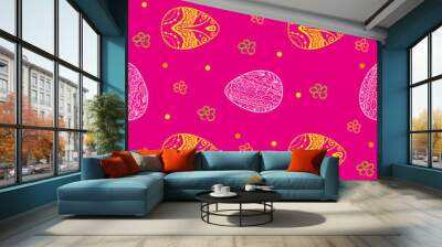 Easter seamless pattern with eggs and flowers on the pink backgr Wall mural