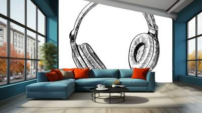 Vector illustration for posters, decoration and print. Hand drawn sketch of headphones in monochrome isolated on white background. Detailed vintage woodcut style drawing. Wall mural