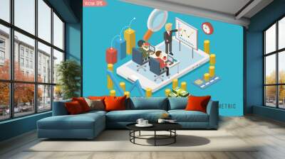 Busines concept of crowdfunding. Isometric businessman with a light bulb over his head as a symbol of a business idea. 3d businessman among the money, packs of dollars and coins. Wall mural