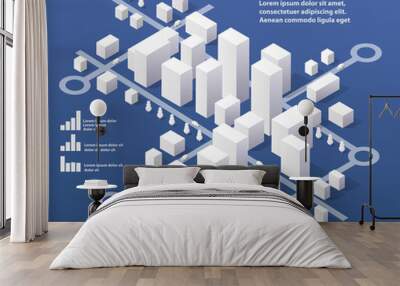 3D city isometric three-dimensional infographics including skyscrapers, homes and stores with streets and trees in the area of the city with the business conceptual graphs and diagrams Wall mural