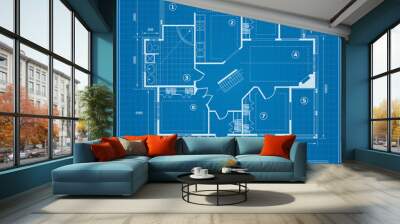 Blueprint house plan drawing. Figure of the jotting sketch of the construction and the industrial skeleton of the structure with the plan and dimensions Wall mural