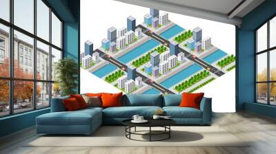 Isometric 3D illustration City with river embankment with people Wall mural