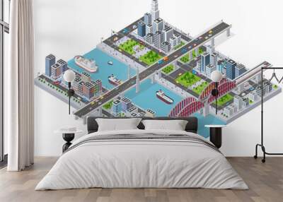 Isometric 3D illustration City with river embankment with Wall mural