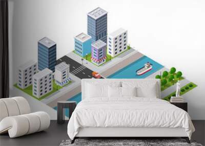 Isometric vector illustration of a modern city with a marina and river embankment. Dimensions of skyscrapers, houses, buildings and urban areas with transport routes, boats and ships Wall mural