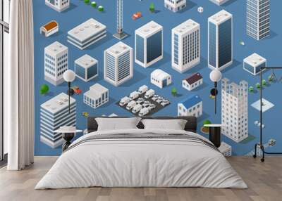 Isometric view of skyscraper office buildings and residential construction area Wall mural