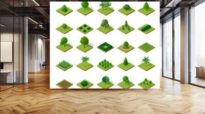 Set Isometric 3d trees forest camping nature elements white background for landscape design. Vector illustration isolated. Icons for city maps, games and your town Wall mural