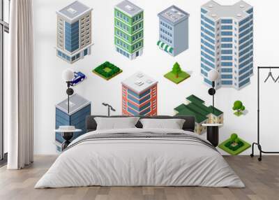 Set of isometric buildings representing a cityscape with skyscrapers, park zones, a street lamp, and a car Wall mural