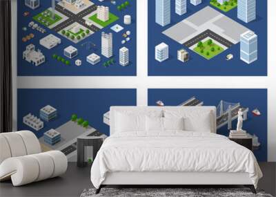 Set of modern isometric buildings and plants for sites Wall mural