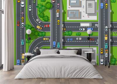 Top view of city map. Crossroads of urban streets with traffic automobile and a lot of cars with traffic jam congestion Wall mural