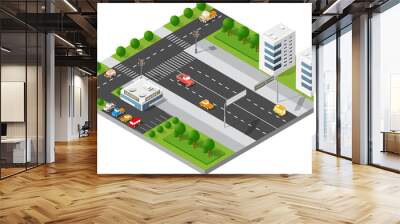 Transportation city streets intersection with houses and trees. Isometric view from above on a city transport Wall mural