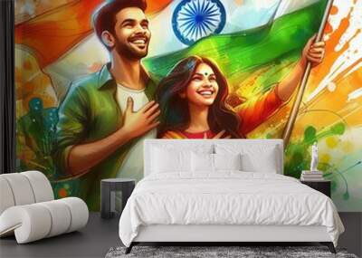 A vibrant, colorful illustration depicts a joyful scene of two people, a man and a woman, standing together and waving an Indian flag Wall mural