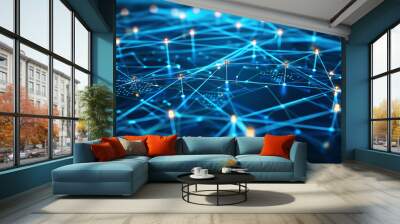 Futuristic network topology with a deep blue background and glowing connections depicting data paths. Wall mural