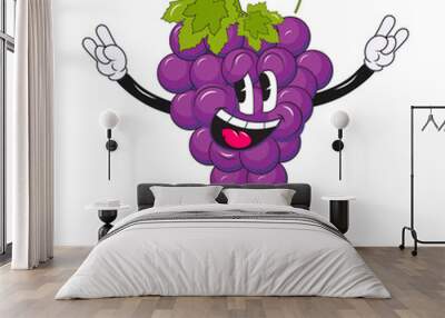 Grape fruit retro cartoon with funny comic character. Modern illustration with cute comic character in cartoon style. Hand drawn doodle on white background. Can be used as sticker, posters,prints. Wall mural