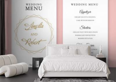 Set 2 templates of pink floral watercolor Wedding Menu in rustic style, light blush pink flowers, gold frames, branches with green leaves and calligraphy text on white background. Wall mural