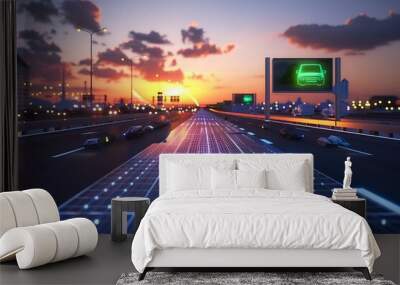 A futuristic road with holographic traffic signs and solar-powered lanes at dusk Wall mural