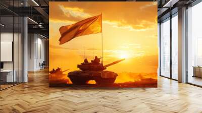 A group of tanks are in the desert with a flag flying in the air Wall mural