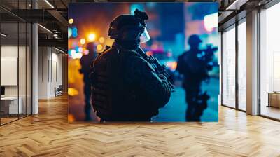 A man in a military uniform stands on a street with two other men Wall mural